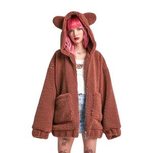 Delia’s Teddy Brown Faux Sherpa zip up jacket - Lined - Oversized - Cozy Size S